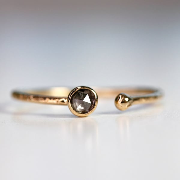 14k Gold Salt and Pepper Diamond Ring, April Birthday,Minimalist Black Diamond Gold Ring Adjustable, Open Cuff Ring, April Birthstone Ring