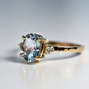 Oval Aquamarine Engagement Ring with two Accent Diamonds, 14k Gold Diamond Aquamarine Ring, Aquamarine Cluster Ring, March Birthstone Ring image 5