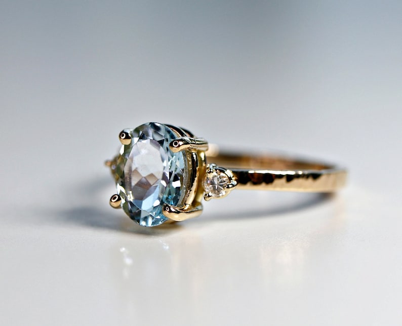 Oval Aquamarine Engagement Ring with two Accent Diamonds, 14k Gold Diamond Aquamarine Ring, Aquamarine Cluster Ring, March Birthstone Ring image 5