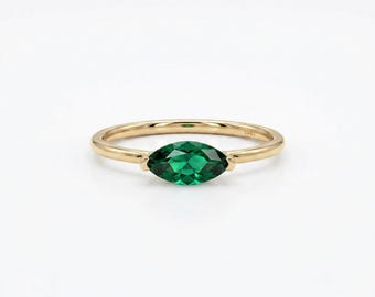 Marquise Lab Grown Emerald Ring 14k Gold, East West Emerald Ring, Minimalist Gold Ring, May Birthstone Ring, Stackable Engagement Ring