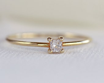 Dainty Diamond Ring 14k Gold, Tiny Diamond Stacking Ring, Princess Cut Genuine Diamond Ring, Minimalist Diamond Ring, Diamond Promise Ring