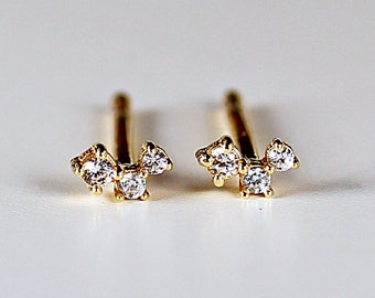 14k Gold 3 Simulated Diamond Earrings, CZ Stud Earrings, Cubic Zirconia Studs, Tiny V Shape Three Stone Cluster Earrings, Single or Pair