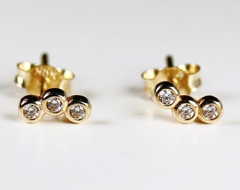 14k Gold 3 Bezel CZ Stud Earrings, Bezel Cluster Earrings, Tiny U Shape Cluster Earrings, Three Stone Cluster Earrings, Single or Pair