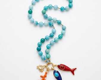 Amazonite Charm Holder Necklace, 16 Inch Hand Knotted Silk Choker, Gold Filled Turquoise Blue Gemstone Bead Necklace with Removable Charms