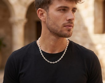 Sterling Silver Puffy Mariner Chain Necklace | Unisex Anchor Link, Modern Everyday Style