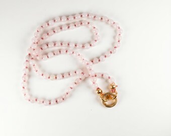 Pink Quartz Gemstone Necklace, Hand Knotted Silk Strand, Gold Filled Charm Holder Clasp