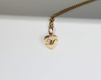 14k Solid Gold Engraved Heart Necklace, Custom Initial Solid Gold Pendant, Personalized Letter Necklace, Gift for Best Friend