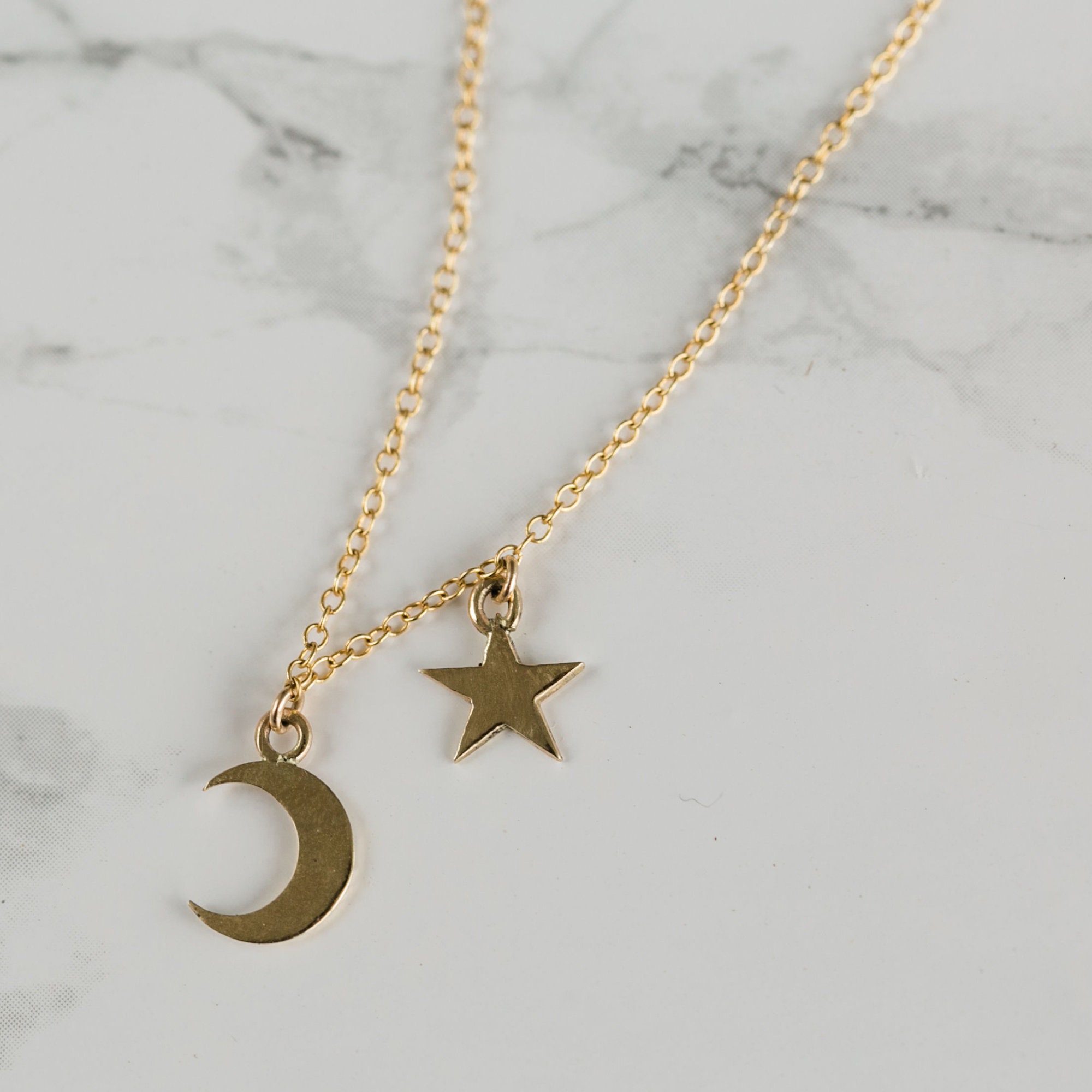Moon and Star Necklace 14k Solid Gold Moon and Star Choker | Etsy