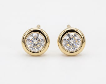 Moissanite Stud Earrings 14k Gold, Martini Bezel Set Round Studs, Diamond Alternative Everyday Earrings, Gift for Her