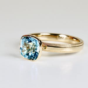 Cushion Cut Blue Topaz Engagement Ring 10k Gold, Bezel Set Solitaire Gemstone Ring, Handmade Bridal Ring, Gift for Her