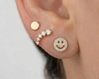 Smiley Face Flat Back Earrings 14k Solid Gold, Cz Smiley Face Piercing, Internally Threaded Earrings Studs, Tragus Earring, Gift For Teen