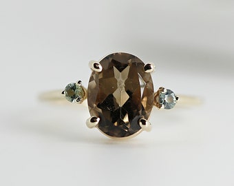 14k Gold Smokey Quartz Ring, Oval Smokey Quartz Engagement Ring with Green Sapphire Accents, Handmade Unique Gemstone Ring, Statement Ring