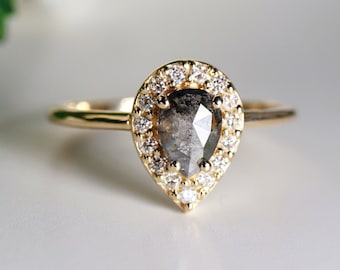 Rose Cut Pear  Salt and Pepper Diamond Ring 14k Gold, Black Diamond Ring, Unique Engagement Ring, Gift for Wife