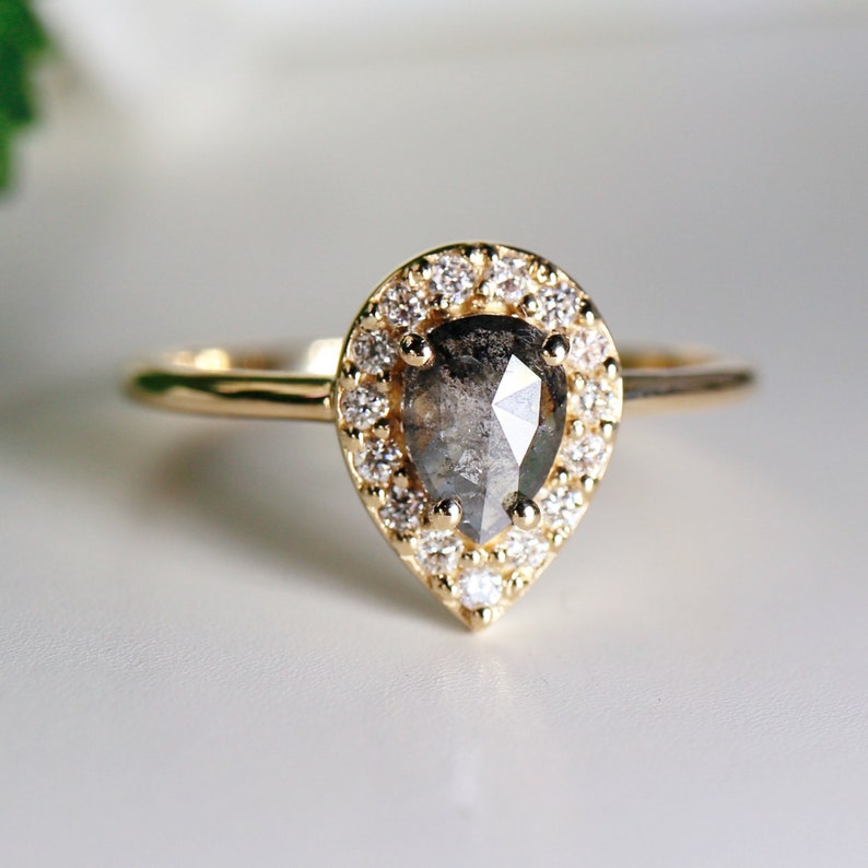 Rose Cut Pear Salt and Pepper Diamond Ring 14k Gold, Black Diamond Ring, Unique Engagement Ring, Gift for Wife image 1