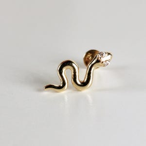Snake Flat Back Earrings 14k Solid Gold, Serpent Stack Earrings, Internally Threaded Earrings, Tragus Stud Piercing, Jewelry Gift for Her