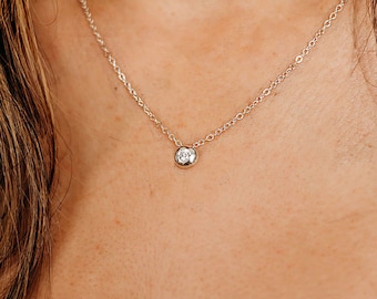CZ Diamond Pebble Necklace Sterling Silver Handmade Cubic Zirconia Floating Necklace, Flush Set Simulated Diamond Necklace, Gift for Mom