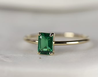 Emerald Ring 14k Gold, Emerald Cut Emerald Engagement Ring Handmade, Minimalist Modern Gemstone Ring, 20th Anniversary Ring, May Birthstone