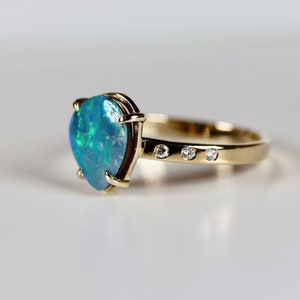 Blue Australian Opal Ring 14k Solid Gold,  Boulder Opal Ring with Diamond, Fire Opal Engagement Ring, Fire Opal Ring, Statement Ring