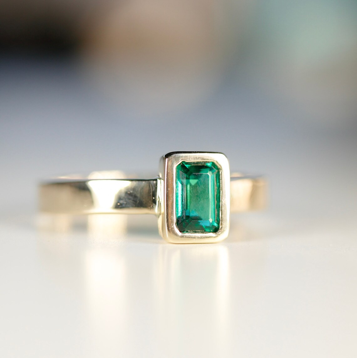 Bezel Set Emerald Ring 14k Solid Gold Emerald Cut Bezel Set - Etsy UK