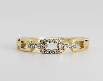 14k Solid Gold Diamond Chain Ring, Chain Link Ring, Rectangular Chain Diamond Ring, Diamond Chain Link Band, Anniversary Ring for Her