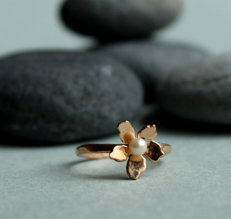 Floral Pearl Ring 14k Solid Gold, Unique Handmade Flower Engagement Ring, Rose Gold Cherry Blossom Promise Ring, June Birthstone Ring image 7