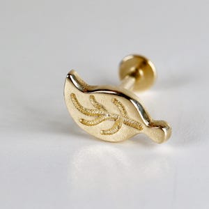 Leaf Flat Back Earrings 14k Solid Gold, Nature Stack Earrings, Internally Threaded Earrings Tragus, Cartilage Piercing,    Nature Lover Gift