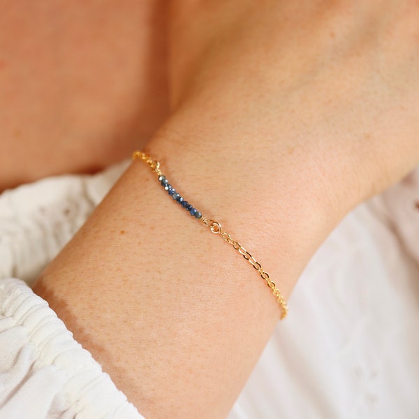 Mystic Sapphire Bar Bracelet, Natural Blue Sapphire Bar Bracelet Gold Filled, September Birthstone, Gold Blue Bracelet