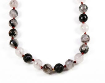 Black Rutilated Quartz Necklace, Hand Knotted Red Silk Strand, Gold Filled Clasp and Extender, 17 Inch
