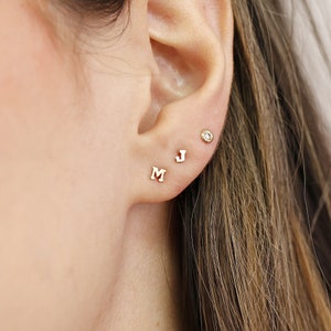 Tiny Initial Earrings 14k Solid Gold, Tiny Block Letter Earrings Studs, Monogram Earrings, Dainty Initial Stud Earrings, Personalized Gift image 1
