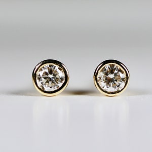 Tiny Diamond Earrings 14k gold, Bezel Set Diamond Stud Earrings 0.09ct, Handmade Minimalist Earrings, April Birthday Gift for Wife