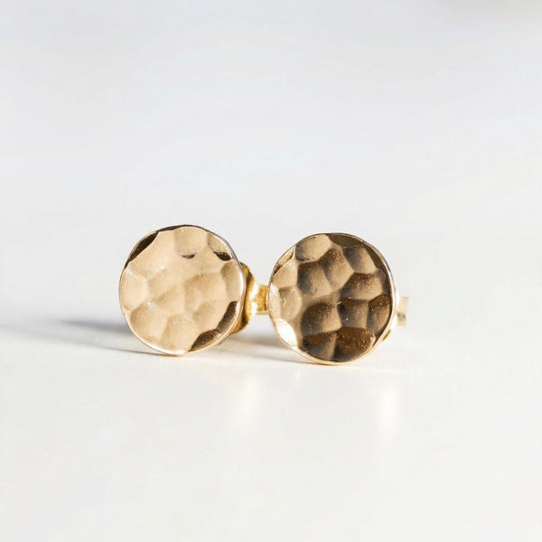 14K Gold Filled Stud Earrings, Hammered 6.4mm Discs, Small Circle Design