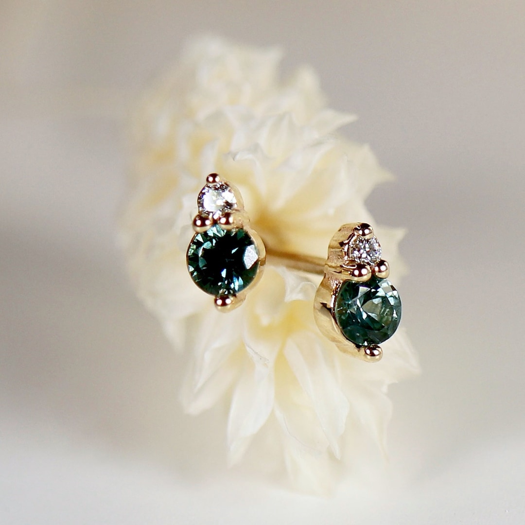 Blue Montana Sapphire With Diamond Earrings 14k Gold, Push Present