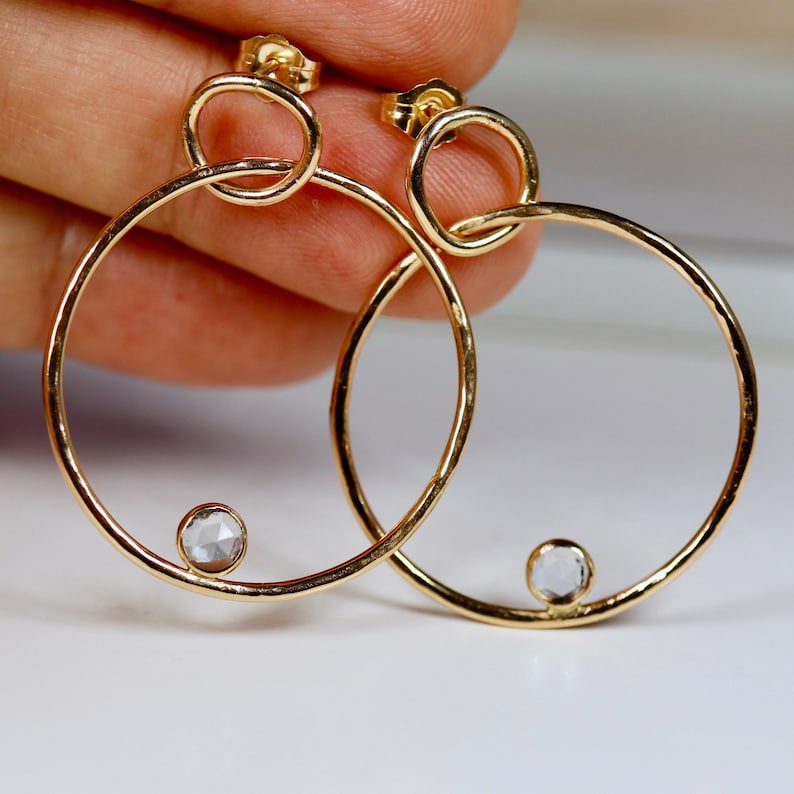 Large Double Hoop Earrings 14k Solid Gold, Aquamarine Hoop Earrings, Lightweight Hoop Earrings, Everyday Earrings, Minimalist Leaf Hoops image 1