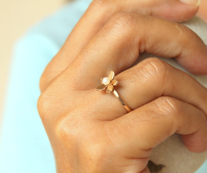 Floral Pearl Ring 14k Solid Gold, Unique Handmade Flower Engagement Ring, Rose Gold Cherry Blossom Promise Ring, June Birthstone Ring image 8