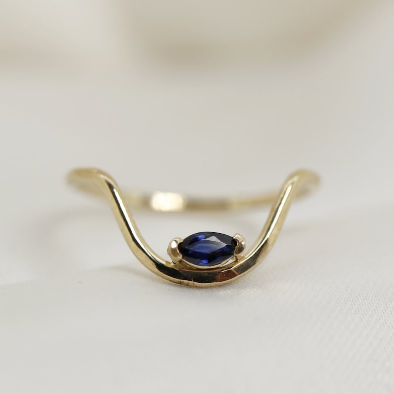 Marquise Sapphire Ring 14k Solid Gold, Curved Ring Gemstone, Sapphire Stacking Ring, September Birthstone, 45th anniversary Gift for Wife image 2