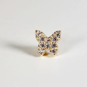 Butterfly Flat Back Earrings 14k Solid Gold, Cz Diamond Piercing, Internally Threaded Earrings Studs Tragus, Birthday Gift, Gift for Her