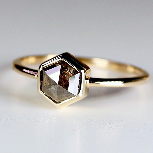 Hexagon Salt and Pepper Diamond Ring, Rose Cut Diamond Shield Ring, Hexagon Art Deco Engagement Ring, Geometric Diamond Ring, Conflict Free