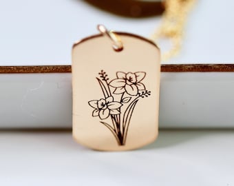 Birth Flower Square Tag Necklace, Mother Necklace, Personalized Dog Tag Necklace, Birthday Gift,  Floral Pendant Necklace, Mother's Day Gift