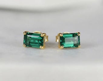 Genuine Emerald Earrings 14k Gold Emerald Cut Emerald Stud Earrings, May Birthstone Earrings, Emerald Studs, 20th Anniversary Gift for her