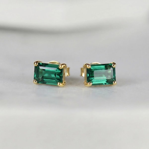 Genuine Emerald Earrings 14k Gold Emerald Cut Emerald Stud Earrings, May Birthstone Earrings, Emerald Studs, 20th Anniversary Gift for her