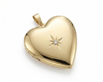 Heart Locket Necklace, 14k Gold Filled Chain with North Star CZ