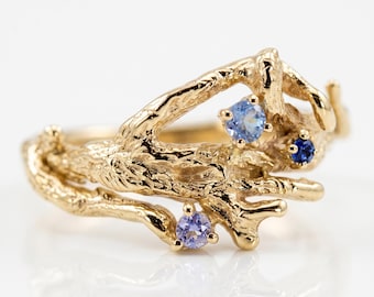 Sapphire Twig Ring in 14k Solid Gold, Branch Ring with Blue and Lilac Sapphires, Nature Inspired Jewelry