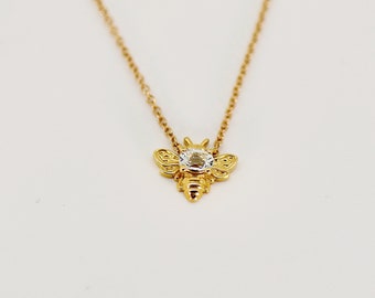 Bee Necklace 14k Solid Gold Natural White Sapphire Bee Pendant, Nature Jewelry, Bumble Bee Necklace Meaningful Jewelry Gift for Daughter