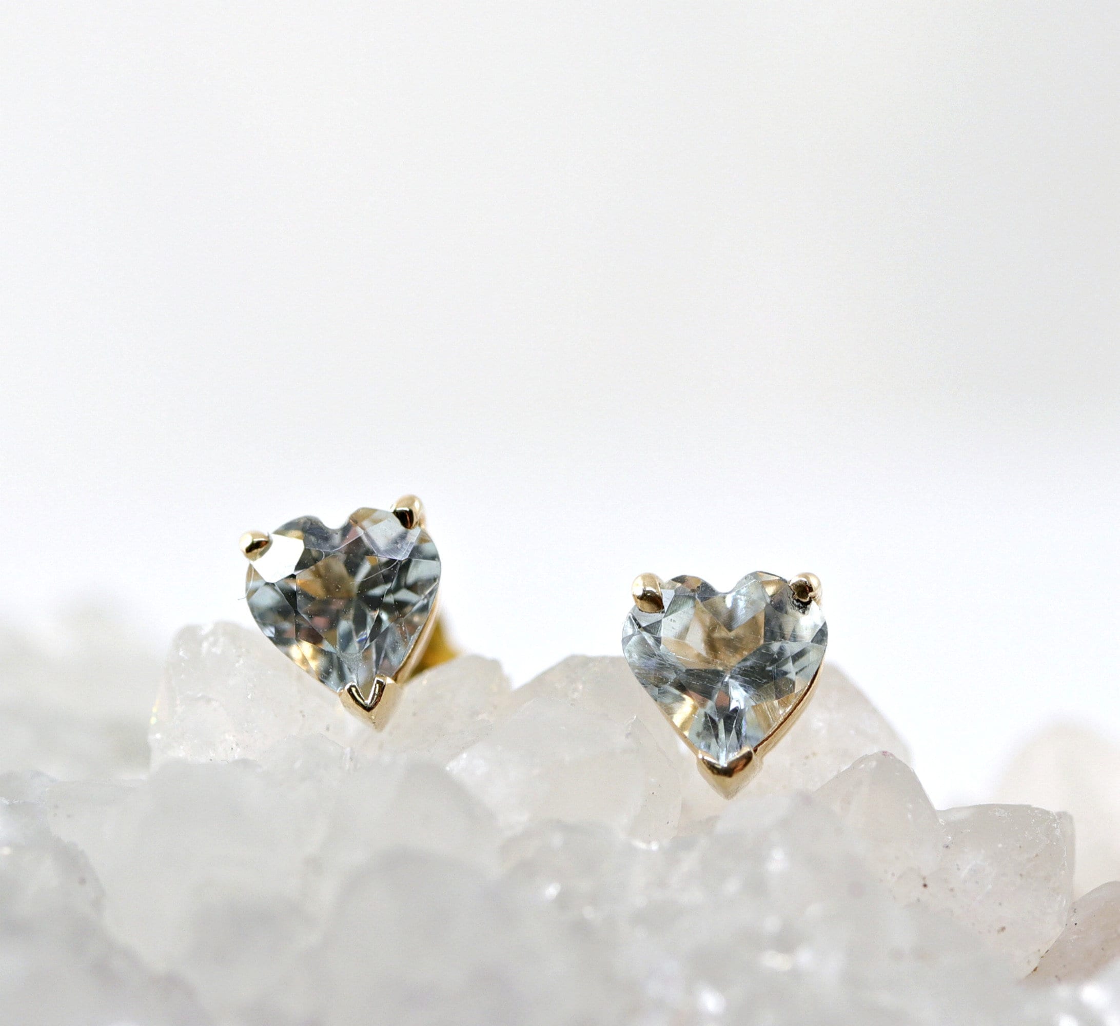 14k Solid Gold Heart Aquamarine Earrings Heart Earrings 14k Etsy