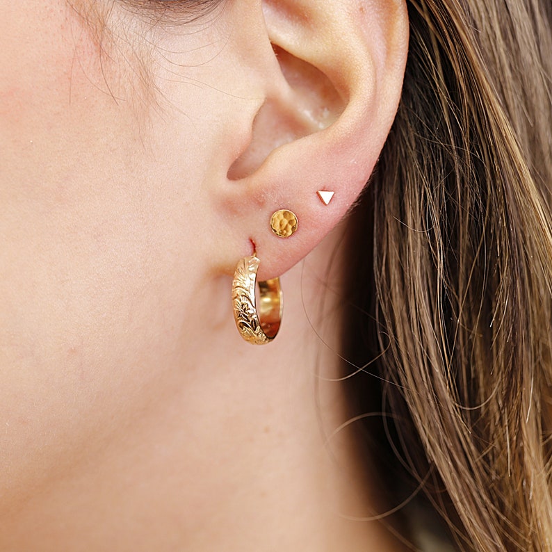 Small Gold Hoops, Gold Filled Hoop Earrings Floral, Chunky Gold Hoops, Open Hoop Earrings, Patterned Hoops, Gift for Her Minimalist Earrings image 2