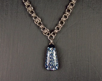 Stainless Steel with Dichroic Glass Pendant Barrel Weave Chainmaille Necklace