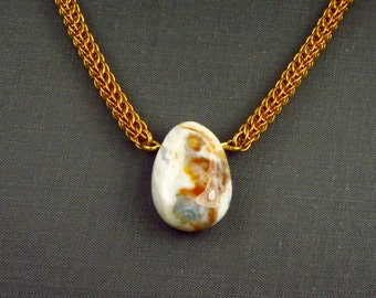 Jewelers Brass Choker & Ocean Jasper Pendant Full Persian Weave Chainmaille Necklace