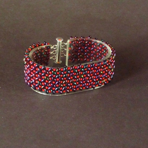 Metallic Purple, Coral Red Superduo Herringbone Stitch Seed Bead Cuff Bracelet