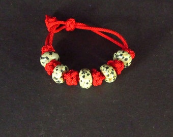 Brown Cream Dalmatian Agate Diamond Knot Red Cord Knotted Bracelet