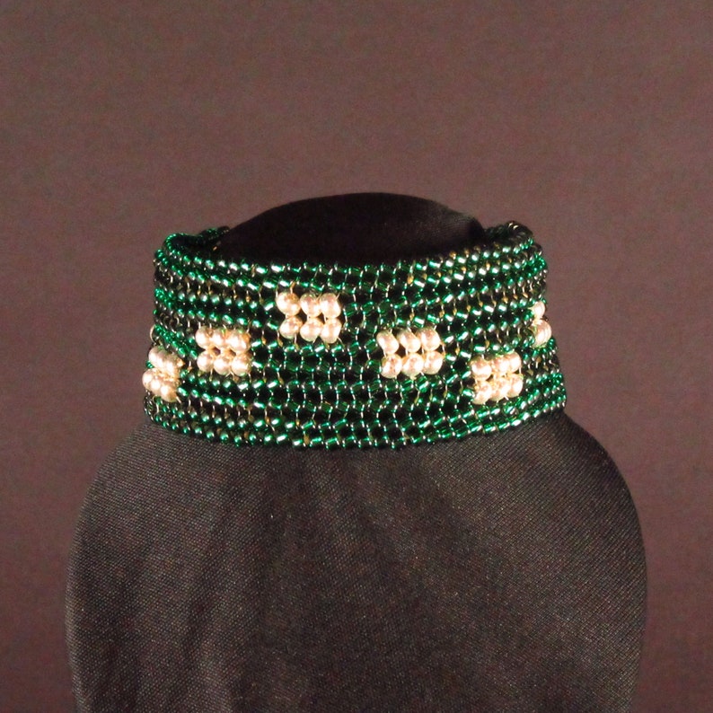 Green Silver Herringbone Patchwork Seed Bead Cuff Bracelet image 7